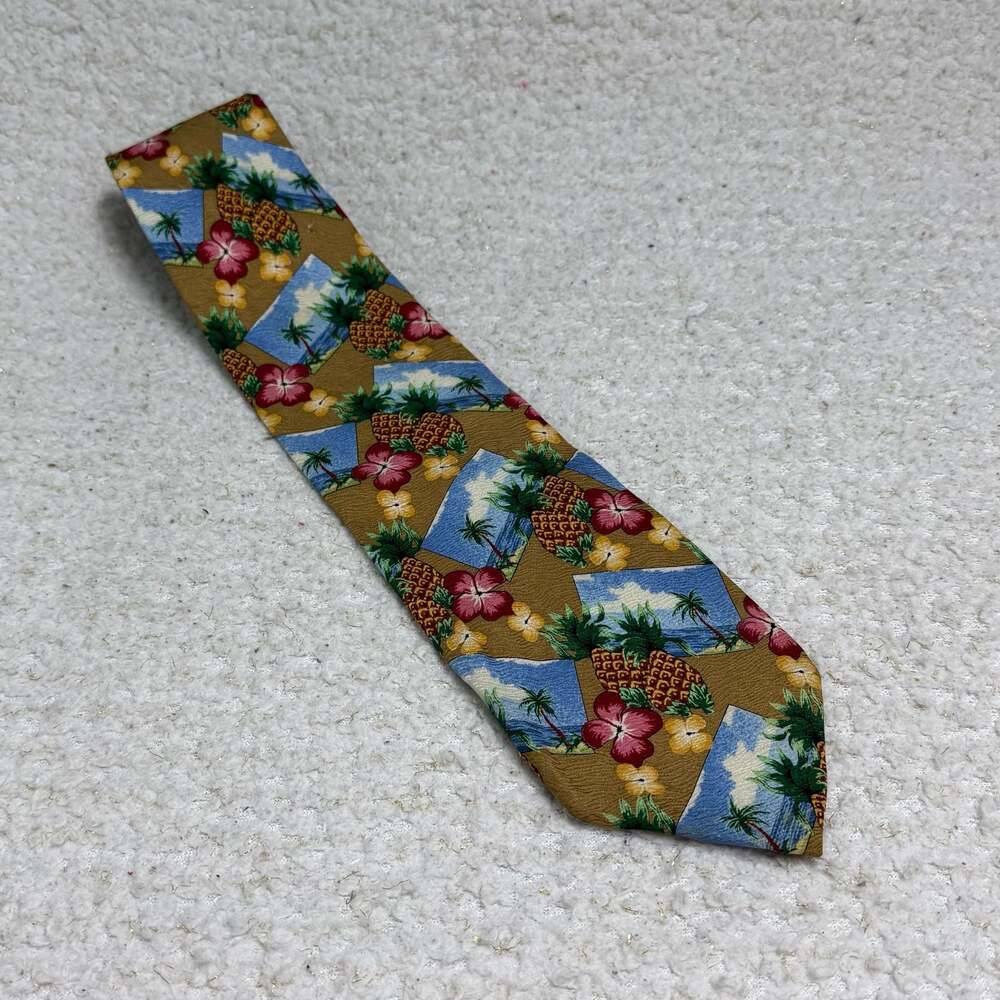 G.J. AHANAHANA Vintage Hawaiian Tropical Pineapple and Hibiscus Silk Necktie